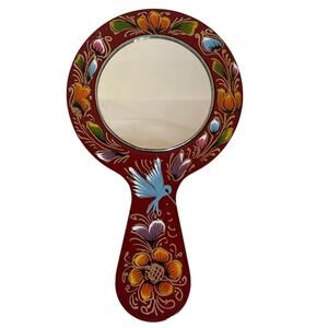 Hand-Painted Mexican Wooden Mirror – Red Floral & Hummingbird Design
